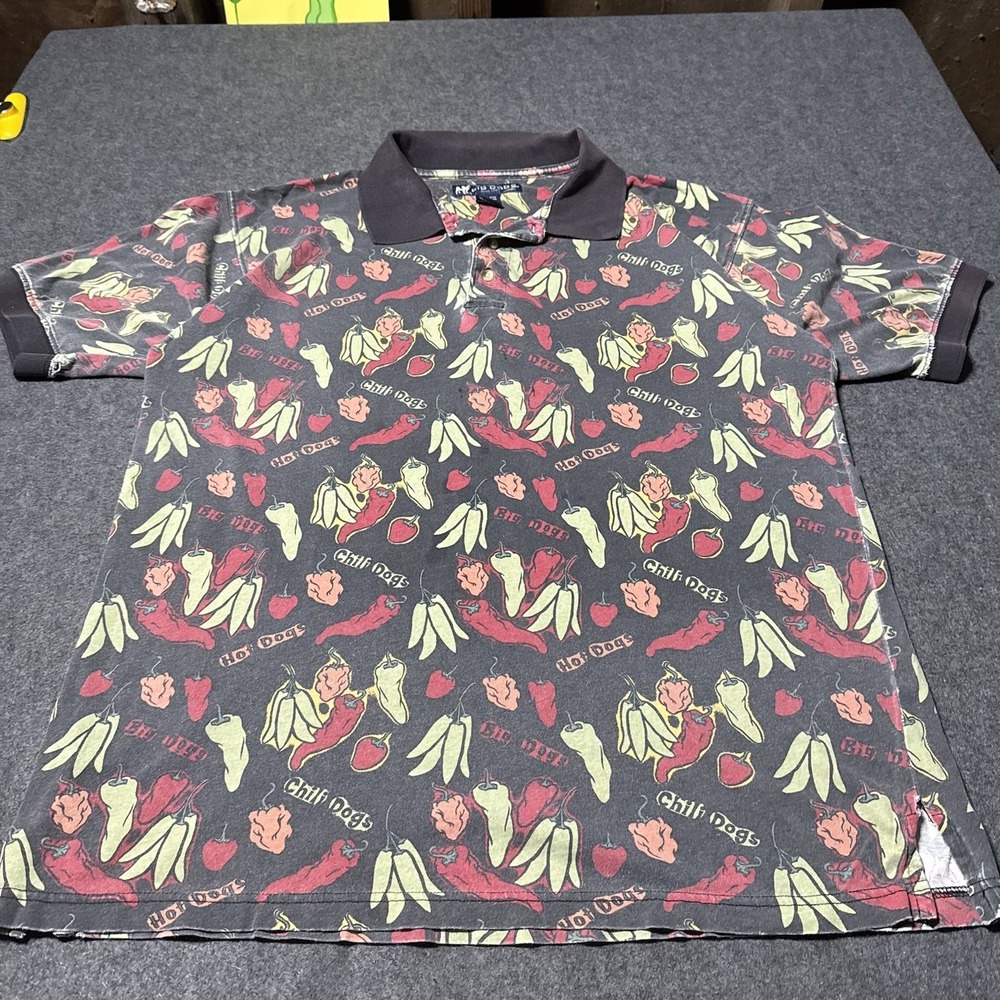 VTG 90s Big Dogs Chili Dogs Aop Polo Shirt Mens L Made‎ in USA Retro